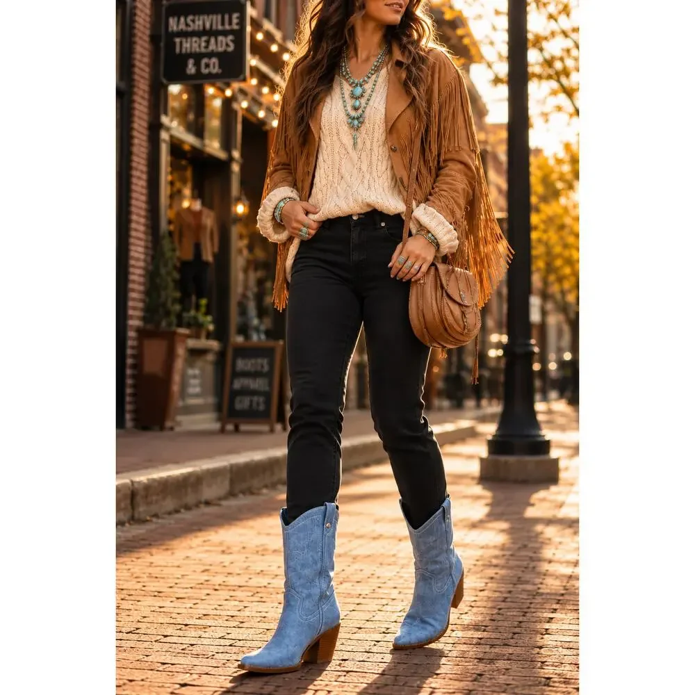 Yoki Denim Style Western Boots Blue Chambray Pointed Toe Size 6.5 New Cowboy